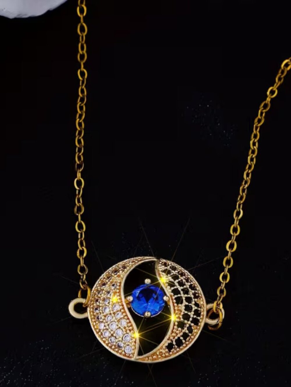 18K Gold Womens 1ct Diamond Blue Sapphire Black Onyx Gemstone Necklace Jewelry
